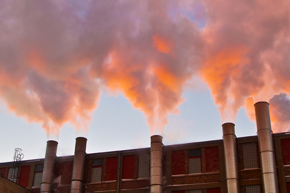 Smokestacks in the afternoon sunlight in Milwaukee, Wisconsin.