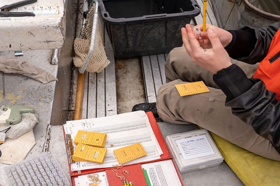 Researcher recording data on small sample envelopes while in a boat.